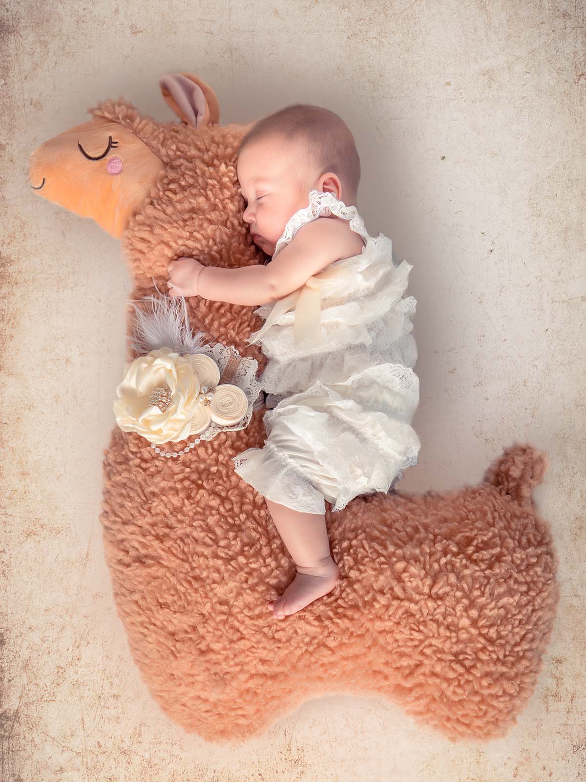 photo d'un bébé positionné sur le coté chevauchant un lama en peluche