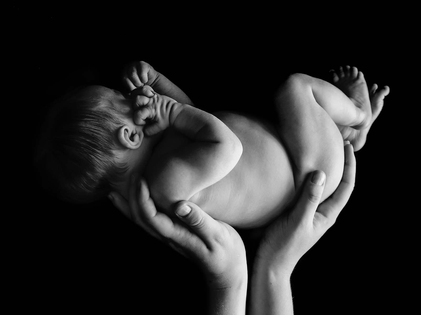 bébé en position fœtal tenu par des mains sur fond noir