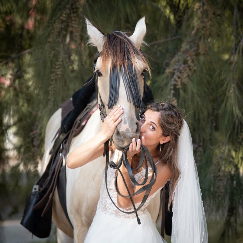 mariée en train d'embrasser le museau d'un cheval