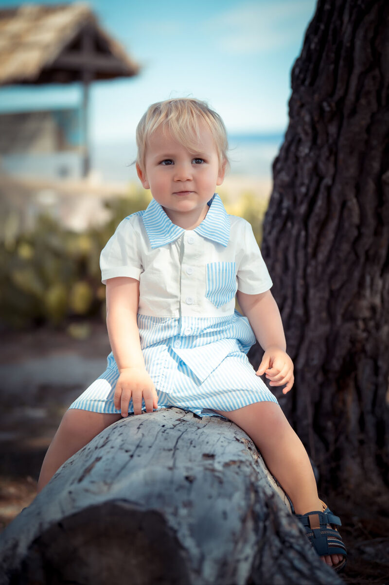 portrait d'un jeune garçon assis sur un tronc d'arbre