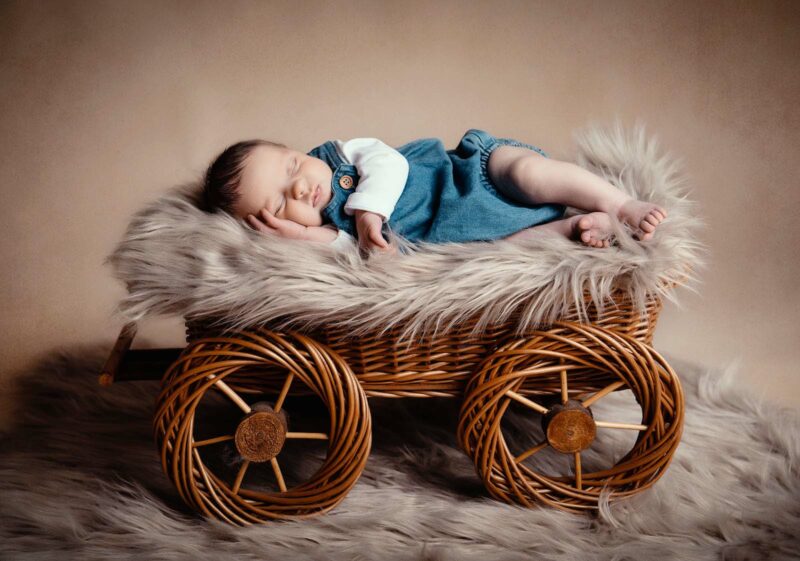 photo de bébé dans une petite charrette en osier