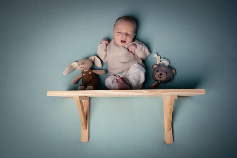 photo d'un nouveau né assis sur une étagère avec deux nounours à coté