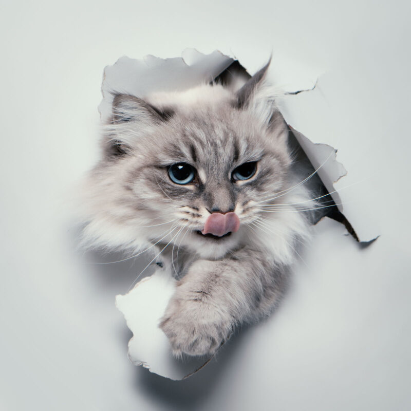 chat blanc prise en studio traversant un papier