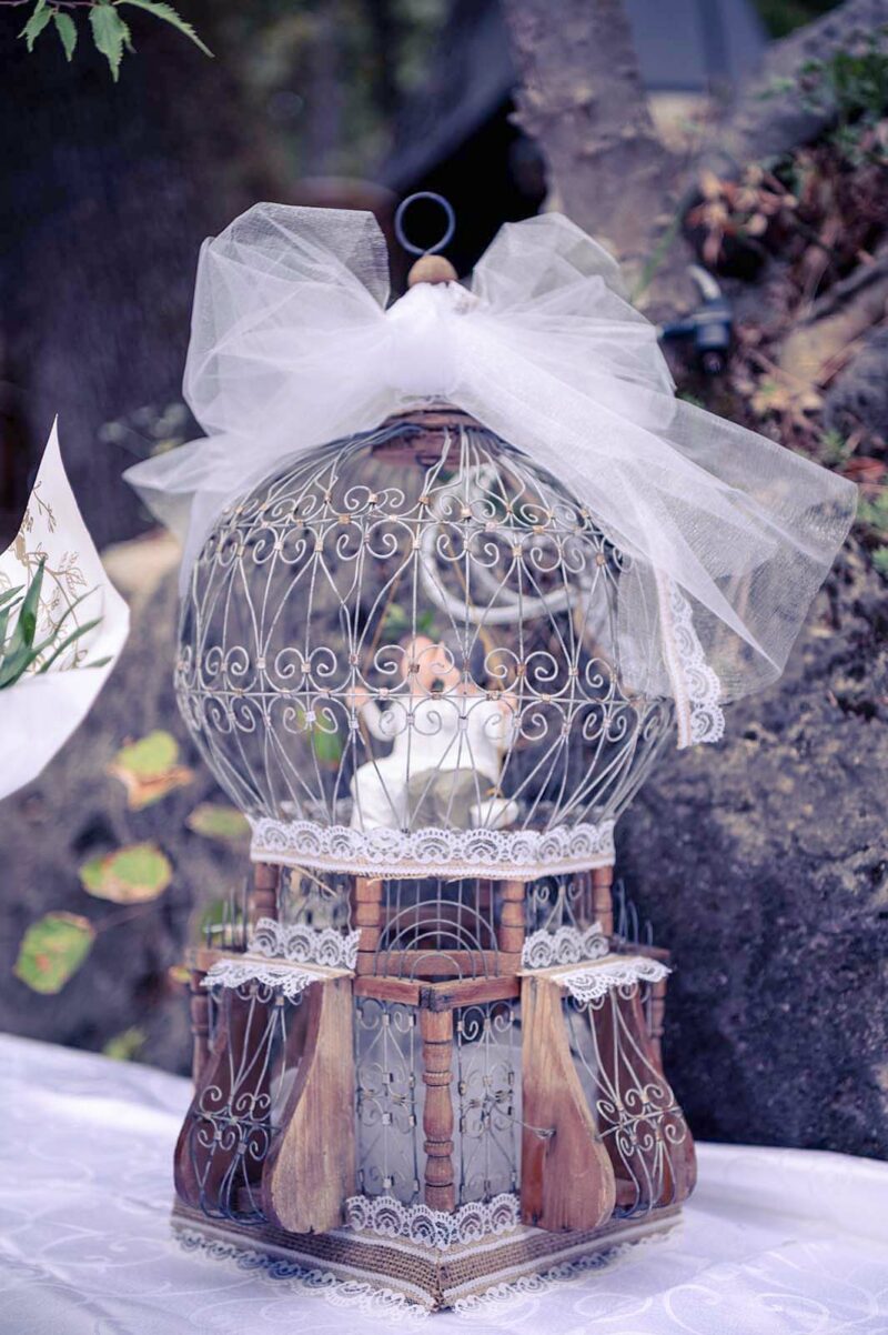vieille cage à oiseaux décorée de tulle et de dentelle